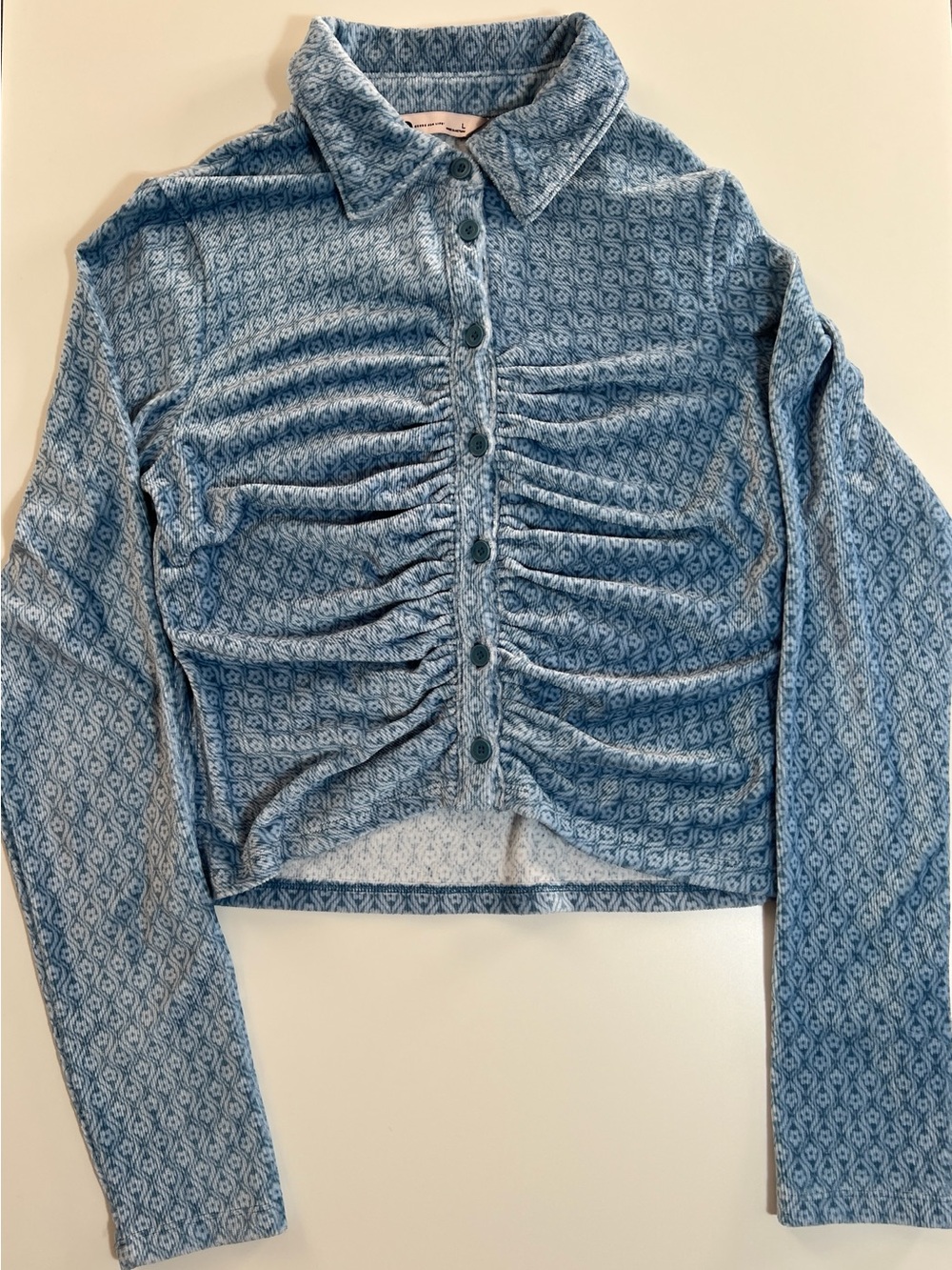 Ruched Blue Crop Top Long Sleeve Button Front Y2K Coquette Soft Stretch L - Picture 2 of 10